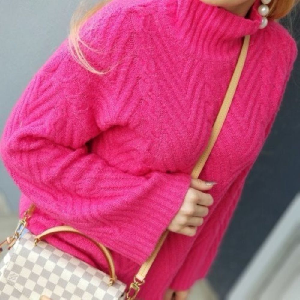 Free People Mock Neck Bell Sleeve Sweater Hot Pink XL